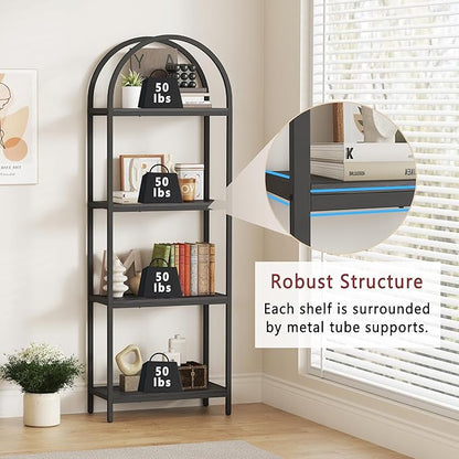 Yusong Bookshelf 4 Tier Arched Bookcase, 71.3" Tall Industrial Open Book Shelves for Living Room, Modern Freestanding Display Shelving Unit Storage Rack with Metal Frame, Office, Bedroom, Black