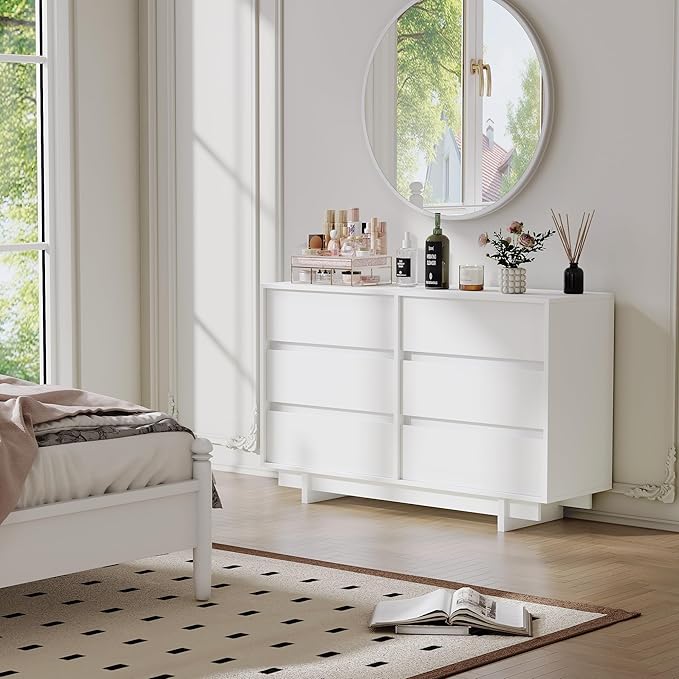 47" Wide Dresser for Bedroom with 6 Drawers,White Modern Dressers Chest of Drawers,Wooden TV Stand,Closet Clothes Organizer for Bedroom,Hallway