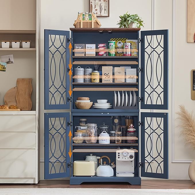 67" Tall Pantry Cabinet Set of 3, Vintage Kitchen Pantries Cabinets with Glass Doors & Adjustable Shelves, Wood Cupboard with Large Storage for Dingning Room, Bathroom, Navy Blue
