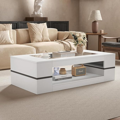 HedoAjim 47.2" Modern Stylish Coffee Table with Glass Table Top, Large Living Room Table Rectangular 2-Tier Center Tables with Storage, Wooden Tea Tables for Dining Reception Room, White