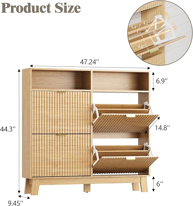 Shoe Cabinet Storage for Entryway with 4 Flip Drawers, Fluted Narrow Shoe Organizer with Wooden Legs & Top Cubby, Freestanding Slim Shoe Storage Hidden Shoe Rack for Front Door Entrance, Oak