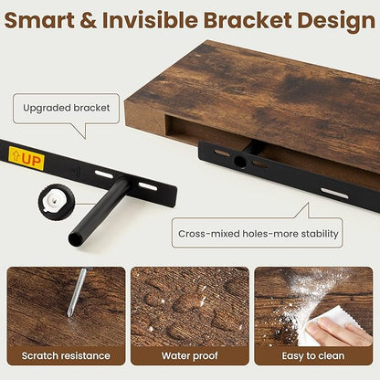 36 Inch Floating Shelves for Wall, 8 Inch Deep Floating Shelf for Storage & Display, Wall Mounted Shelf with Invisible Brackets for Living Room, Kitchen, Bathroom, Home Decor, Set of 2, Rustic Brown