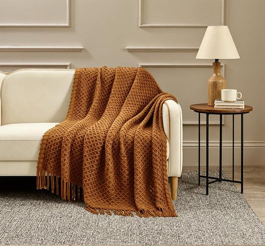 CREVENT Farmhouse Boho Knitted Throw Blanket for Couch Sofa Chair Bed Home Decoration, Soft Warm Cozy Light Weight for Spring Summer Fall (50''X60'' Light Brown)