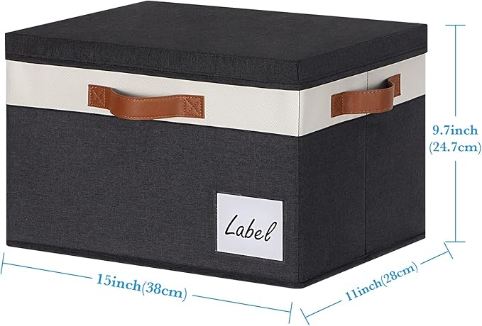 PFFVRP Large Storage Bins with Lids, Foldable Fabric Storage Baskets with Lids, Sturdy Storage Boxes with Labels and 3 PU Handles for Closet Home Bedroom Office (3 Packs, Black&White)