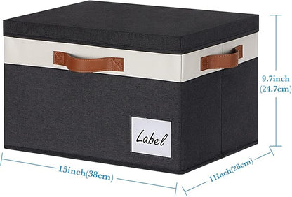 PFFVRP Large Storage Bins with Lids, Foldable Fabric Storage Baskets with Lids, Sturdy Storage Boxes with Labels and 3 PU Handles for Closet Home Bedroom Office (3 Packs, Black&White)