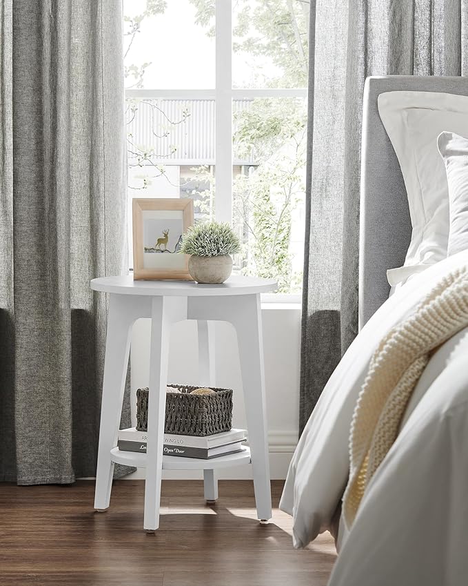 VASAGLE MAEZO Collection - Side Table, 2-Tier Small Round End Table, Nightstand with Tapered Legs, Curved Transitions, for Small Spaces, Living Room, Bedroom, Cloud White ULET283T14 | Lower Shelf, Small Spaces, Living Room, Bedroom