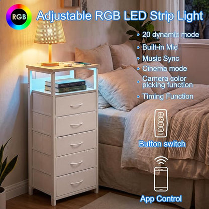 Fixwal Tall Nightstand with Charging Station and LED Lights, Night Stand with PU Finish Fabric Storage Drawers, 5 Drawer Dresser, White