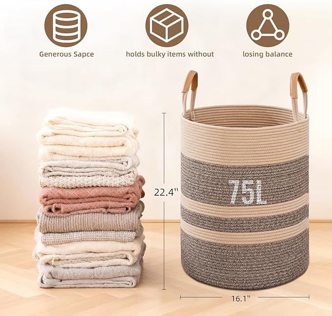 Degeyoyo 75L Striped Laundry Basket, Dark Brown Laundry Hamper with Leather Handles, Woven Cotton Rope Storage Bin for Blankets, Nursery Hamper for Clothes, Toys In Bathroom, Livingroom, Bedroom