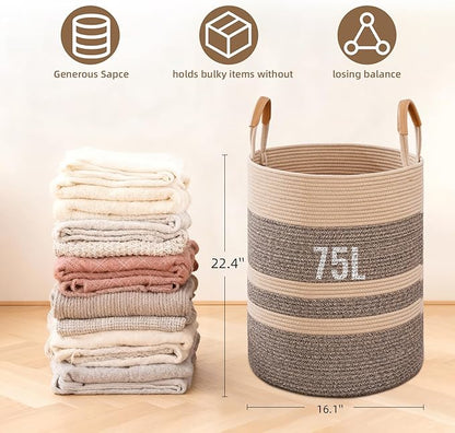 Degeyoyo 75L Striped Laundry Basket, Dark Brown Laundry Hamper with Leather Handles, Woven Cotton Rope Storage Bin for Blankets, Nursery Hamper for Clothes, Toys In Bathroom, Livingroom, Bedroom