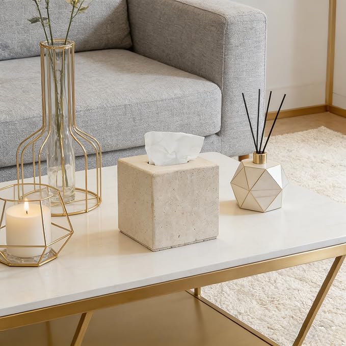 Travertine Tissue Box Cover, Vintage Style Napkin Holder, Square Tissue Box with Acrylic Board Bottom, Natural Heaty Duty Stone Toilet Paper Holder for Bathroom, Bedroom, Living Room
