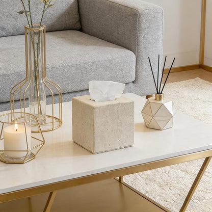 Travertine Tissue Box Cover, Vintage Style Napkin Holder, Square Tissue Box with Acrylic Board Bottom, Natural Heaty Duty Stone Toilet Paper Holder for Bathroom, Bedroom, Living Room