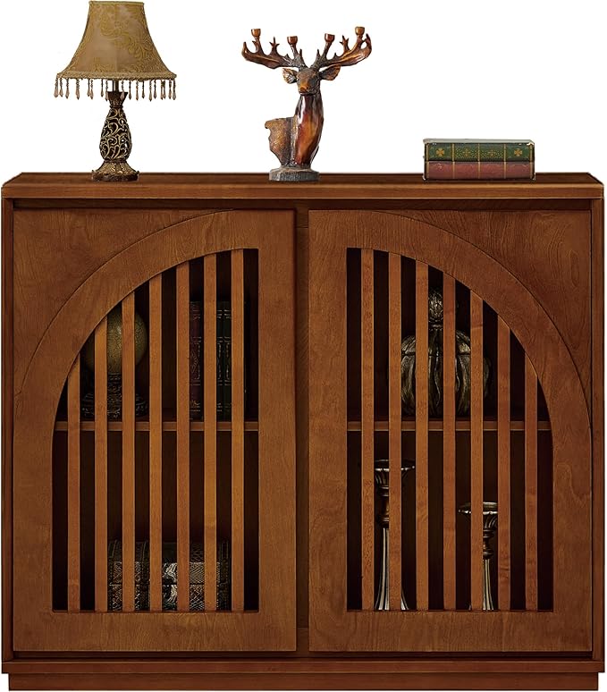 LKTART Sideboard Buffet Cabinet with Storage, Mid Century Modern Credenza with Arch Doors & Shelves, Wood Coffee Bar Media Console Table for Kitchen, Living Room, Entryway-Brown