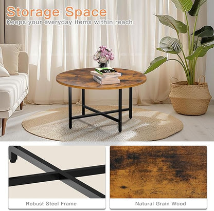 Round Coffee Table, 23.6" Small Coffee Tables for Living Room, Circle Coffee Table with Metal Frame, Floor Table Desk for Sitting on The Floor, Home, Office, Rustic Brown