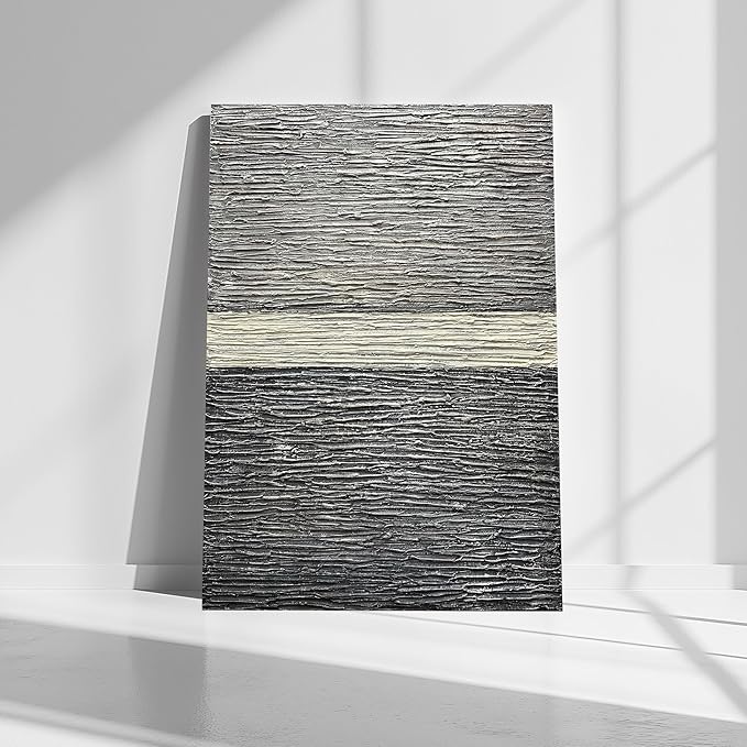 moshinart 30 x 45in Hand-Painted Oil Painting 3D Texture Black White Grey Modern Minimalist Black Abstract Wall Art, Home Office Wall Decoration Black White Grey