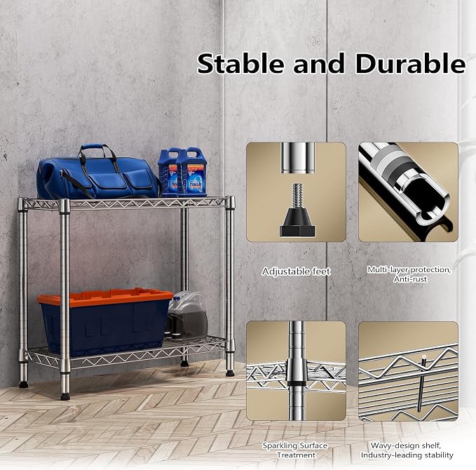 MZG 220 lbs 2 Tier Storage Rack Metal Wire Shelving Unit, Storage Standing Household Shelf Organizer for Laundry Bathroom Kitchen Pantry Closet Garage Utility Room, Chrome 11.8" D x 27.6" W x 23.4" H