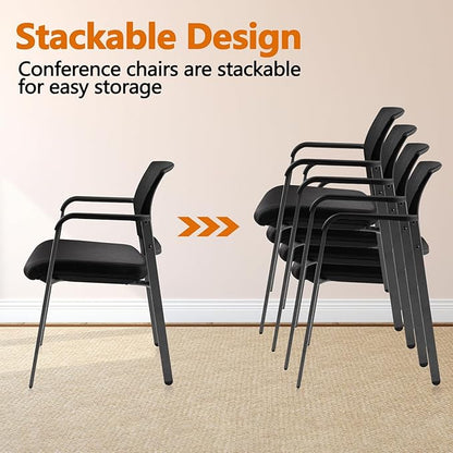CLATINA Mesh Back Stacking Arm Chairs with Upholstered Fabric Seat and Ergonomic Lumber Support for Office School Church Guest Reception Black 4 Pack Set New Version