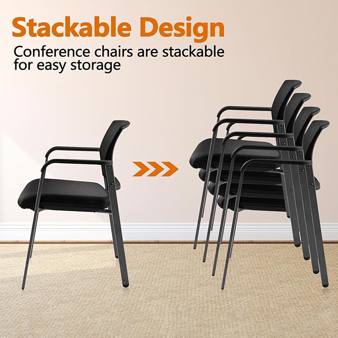 CLATINA Mesh Back Stacking Arm Chairs with Upholstered Fabric Seat and Ergonomic Lumbar Support for Office School Church Guest Reception Black 2 Pack Set