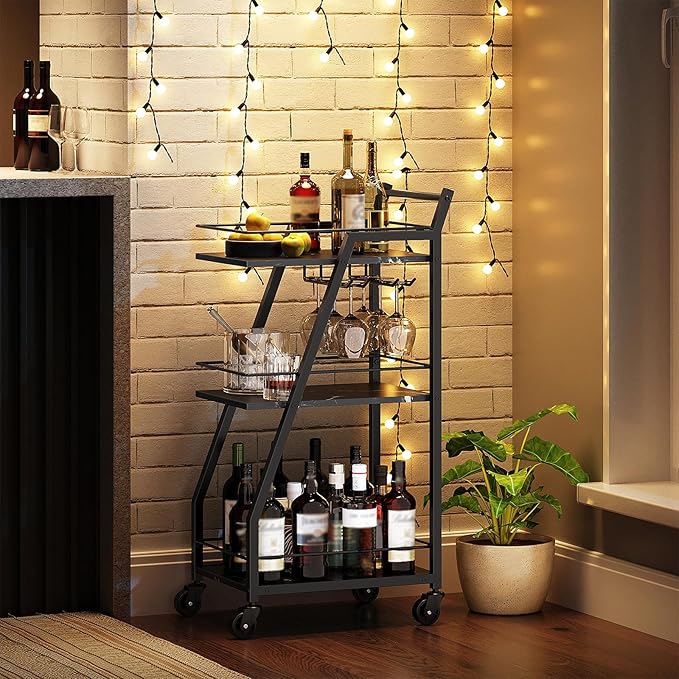 Bar Cart, Bar Cart for The Home, Small Bar Cart on Wheels, Beverage Cart, Home Bar Serving Cart with Glass Holder, Drink Cart for Bar, Kitchen, Marble Black and Black BC03BM