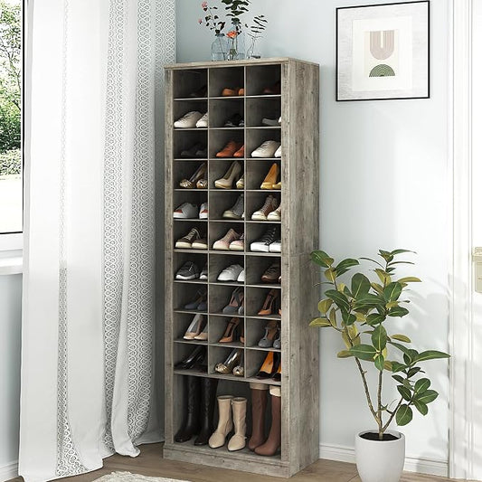 Hzuaneri 11 Tiers Shoe Storage Cabinet, Tall Shoes Cabinet with Cubby, Freestanding Wooden Shoe Organizer, 30-33 Pairs, Shoes Cubby Organizer for Entryway, Bedroom, Greige SR02005B