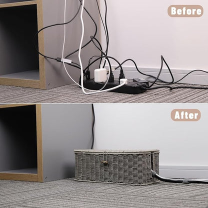 BROWNLILY Cable Management Box, Rattan Style Cord Organizer for Desk Cord Hider Outlet Covers for Power Strip TV PC Router Charger Under Desk Storage with Lockable Lid and Cable Ties