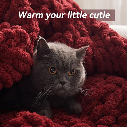 Negwoo Chunky Knit Throw Blanket, 40''*50'' Knitted Throw Chenille Yarn for Bed Couch, Handmade Red Crochet Big Thick Blanket, Machine Washable Cute Comfy Blanket for Home Decor