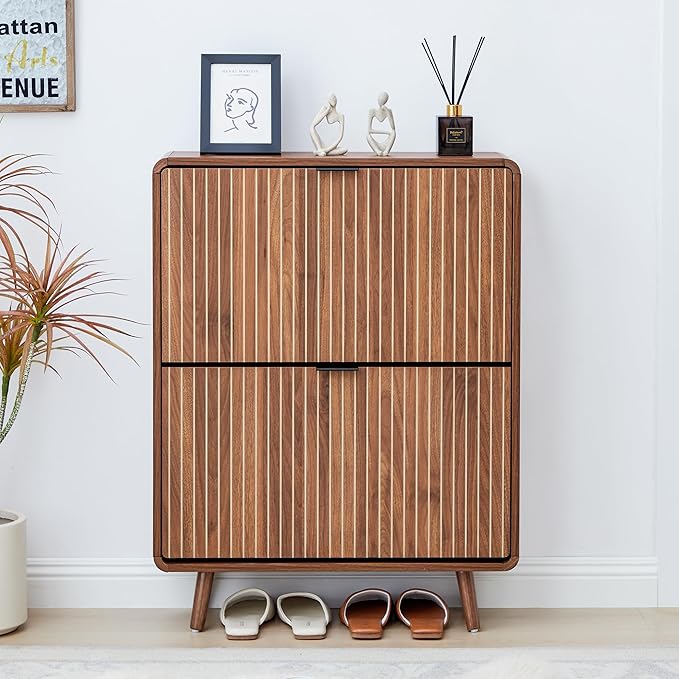 Fluted Shoe Cabinet Storage for Entryway,Slim Shoe Cabinet with 2 Flip Drawers, Narrow Shoes Rack Organizer (All Walnut, 2 Drawers)