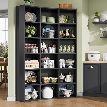 Semoic 71" Curved Bookshelf,Triple Width 6 Tier Bookcase with Storage Cabinet,Modern Tall Bookshelf with 18 Open Display Shelves, Floor Standing Book Shelf for Living Room,Black