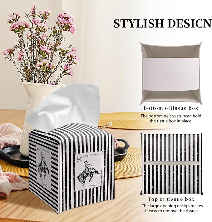 Grace Yonks Retro Tissue Box Cover Square - Cowboy Postage Stamp Design 5.2" PU Leather Holder for Vanity, Desk, or Bathroom Counter - Cube Case for Facial Tissues. (114)