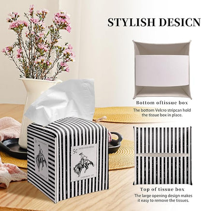 Grace Yonks Retro Tissue Box Cover Square - Cowboy Postage Stamp Design 5.2" PU Leather Holder for Vanity, Desk, or Bathroom Counter - Cube Case for Facial Tissues. (114)