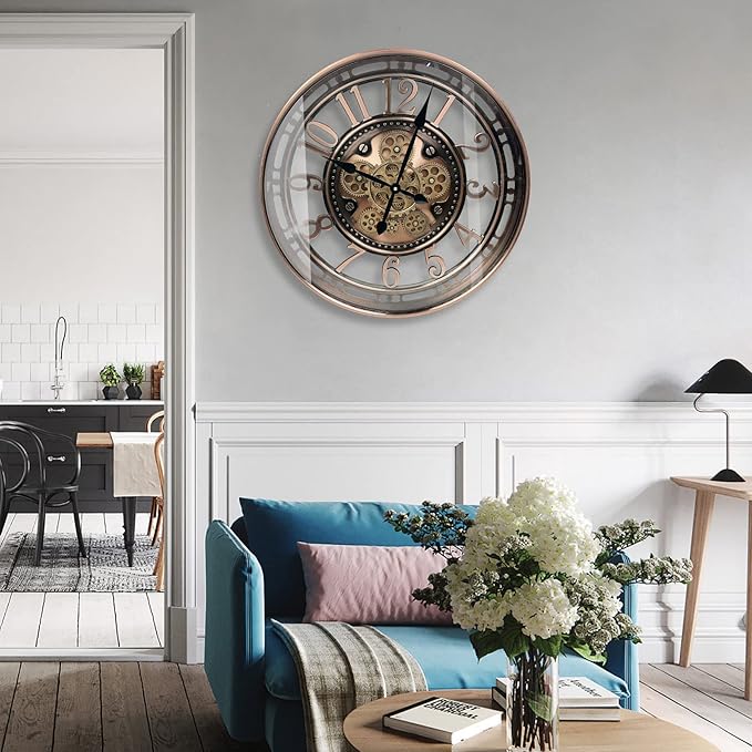 DORBOKER Real Moving Gears Wall Clock Large Modern Clocks for Living Room Decor, Industrial Steampunk Unique Vintage Rustic Decorative Clock for Home Farmhouse Office, 28 Inch,Red Copper Arabic