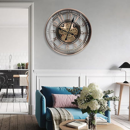 DORBOKER Real Moving Gears Wall Clock Large Modern Metal Clocks for Living Room Decor, Industrial Steampunk Unique Vintage Rustic Decorative Clock for Home Farmhouse Office, 30 Inch Red Copper Arabic