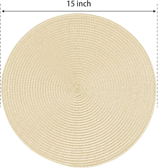 FunWheat Round Braided Placemats Set of 6 Table Mats for Dining Tables Woven Washable Non-Slip Place mats 15 inch(Beige, 6pcs)