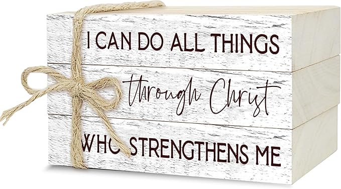 Decorative Books For Home Decor, Wood Book Stack For Table Decor, I Can Do All Things Through Christ Who Strengthens Me Decor Books For Office Shelf, Christian Farmhouse Stacked Books Decor (L23)