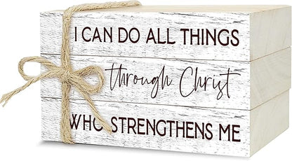 Decorative Books For Home Decor, Wood Book Stack For Table Decor, I Can Do All Things Through Christ Who Strengthens Me Decor Books For Office Shelf, Christian Farmhouse Stacked Books Decor (L23)