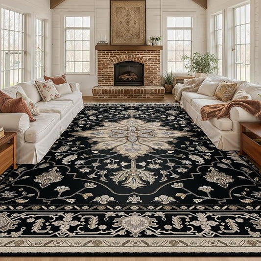 RELEANY Area Rugs Large 10'x12' Washable Non-Slip, Floral Vintage Distress Medallion Carpet for Living Room Bedroom Dining Room, Black Brown Neutral Dark Tan