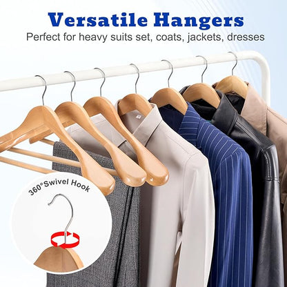 HOUSE DAY Wide Shoulder Wooden Hangers, Suit Hangers with Non Slip Pants Bar, Smooth Finish 360° Swivel Hook High-Grade Solid Wood Coat Hangers for Dress, Jacket, Heavy Clothes Hanger 6 Pack (Natural)