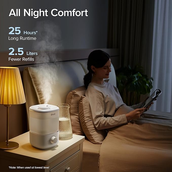 LEVOIT Top Fill Humidifiers for Bedroom, 2.5L Tank for Large Room, Easy to Fill & Clean, 28dB Quiet Cool Mist Air Humidifier for Home Baby Nursery & Plants, Auto Shut-off for Safety, 25H