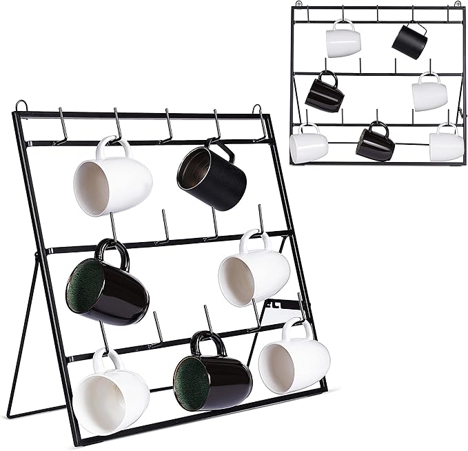 BIRDROCK HOME 14-Hook Mug Rack - Free Standing or Wall Mountable - Coffee Tea Cup Glass Storage Holder - Coffee Bar Display Décor - Decorative Kitchen Organizer - Flat Black Metal Steel