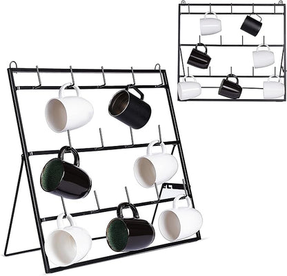 BIRDROCK HOME 14-Hook Mug Rack - Free Standing or Wall Mountable - Coffee Tea Cup Glass Storage Holder - Coffee Bar Display Décor - Decorative Kitchen Organizer - Flat Black Metal Steel