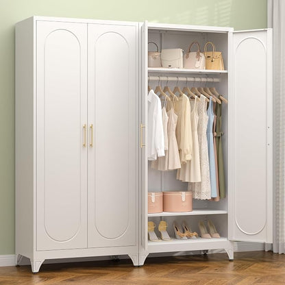 Polup Metal Wardrobe Cabinet for Hanging Clothes, 71" Tall Armoire Wardrobe Closet with Hanging Rod, White Clothing Storage Cabinet with Doors and Shelves, Large Closet for Bedroom-Assemble Required