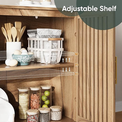 Sideboard Cabinet, 31.5" W Farmhouse Buffet Cabinet with Slatted Doors & Adjustable Shelf, Wooden Coffee Bar Storage Station for Kitchen, Dining Room, Living Room, Entryway, Natural Oak