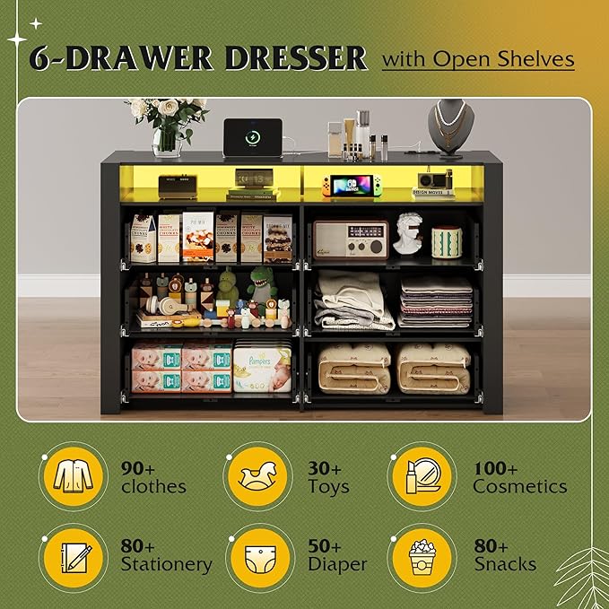 WLIVE 6 Drawer Led Dresser for Bedroom, 51" Black Wood Dresser Storage Organizer with Charging Station for 55" TV, Dressers with Open Shelves, Hanging Rack, Chest of Drawers for Closet, Living Room