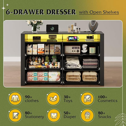 WLIVE 6 Drawer Led Dresser for Bedroom, 51" Black Wood Dresser Storage Organizer with Charging Station for 55" TV, Dressers with Open Shelves, Hanging Rack, Chest of Drawers for Closet, Living Room