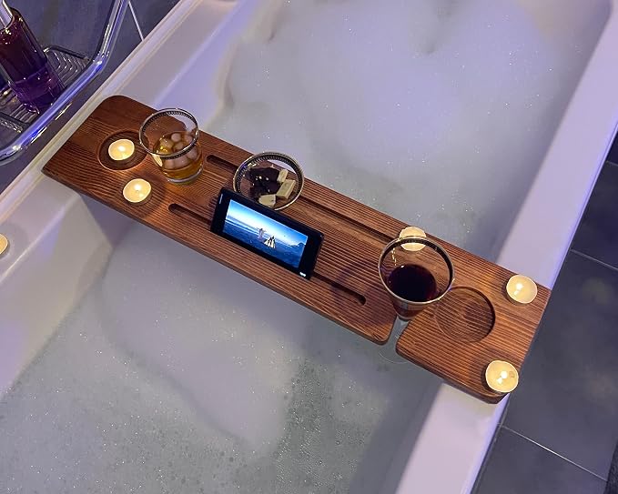 Handmade Wooden Bathtub Tray - 3 Different Size Options - Rustic Structure - Water Insulator - Bath Tray Caddy with Wine Glass Holder (28", BLACK BROWN)