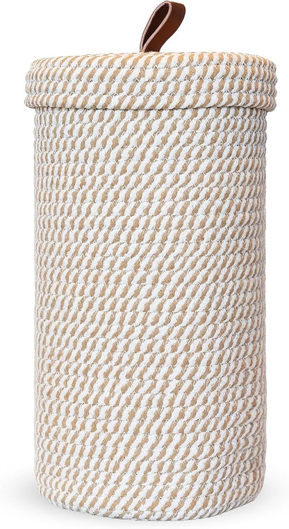 Toilet Paper Holder Handmade – Woven Cotton Toilet Paper Stand & Storage Basket with Lid, Freestanding Organizer for Bathroom, Fits 3 Mega Rolls Gradient Brown 14'' x 7''