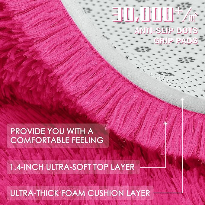 OLANLY Hot Pink Round Rugs for Bedroom - Machine Washable, 9 ft Circle Area Rugs for Living Room, Soft and Fluffy Shaggy Carpet for Teen Girls and Boys, Nursery Rooms, Dorms, Home Decor Aesthetic