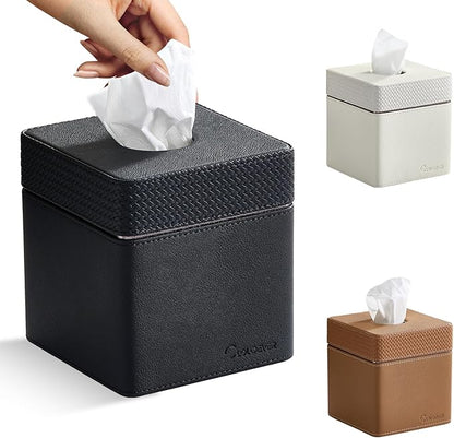 Cloudever Tissue Box Holder Cover, Modern PU Leather Square Decorative Tissue Holder Organizer-Woven New Black