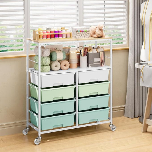 Rolling cart with 8 drawers,Storage drawer cart with wooden tabletop,Lockable wheels organizer for homeschool, arts & crafts, classroom, office & creative spaces (Green)