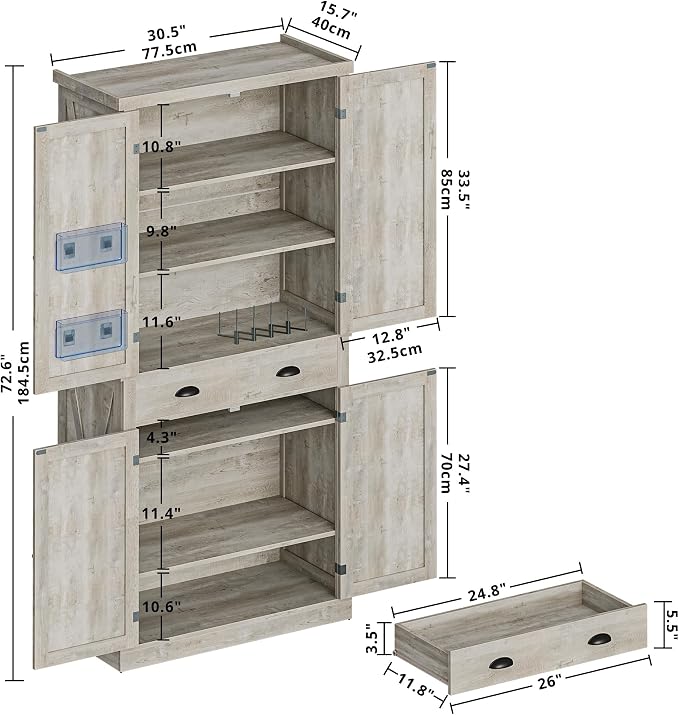 IRONCK Kitchen Pantry Storage Cabinet 72.6" H, with Barn Doors, Drawer, 4 Adjustable Shelves, Freestanding Cupboard for Dining Room Living Room, Laundry, Rustic Maple