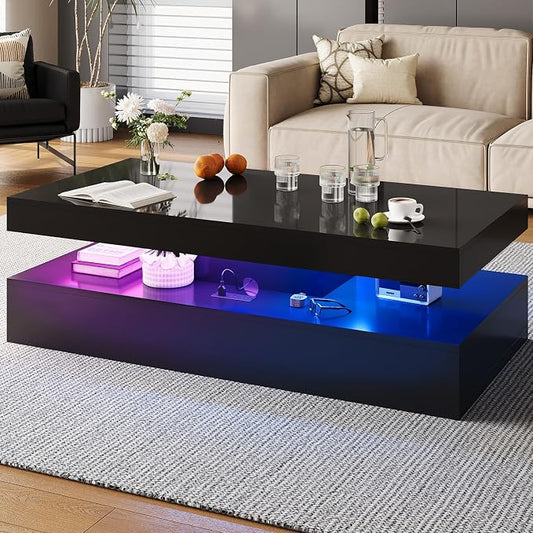 47” High-Glossy LED Coffee Table with 2 Sliding Drawers, Living Room Storage Coffee Tables, Modern Stylish Double-Layer Center Tables with LED Lights, Black